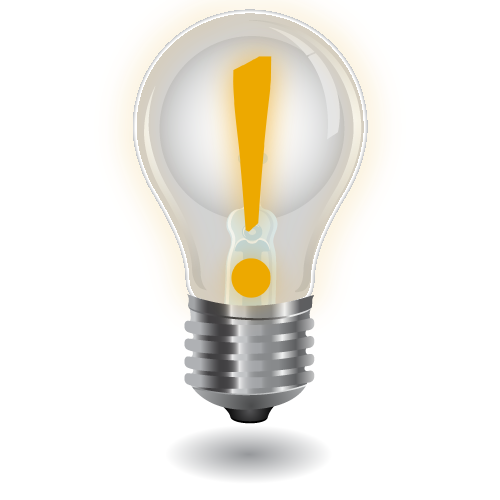 Lightbulb with exclamation point inside denoting an idea.